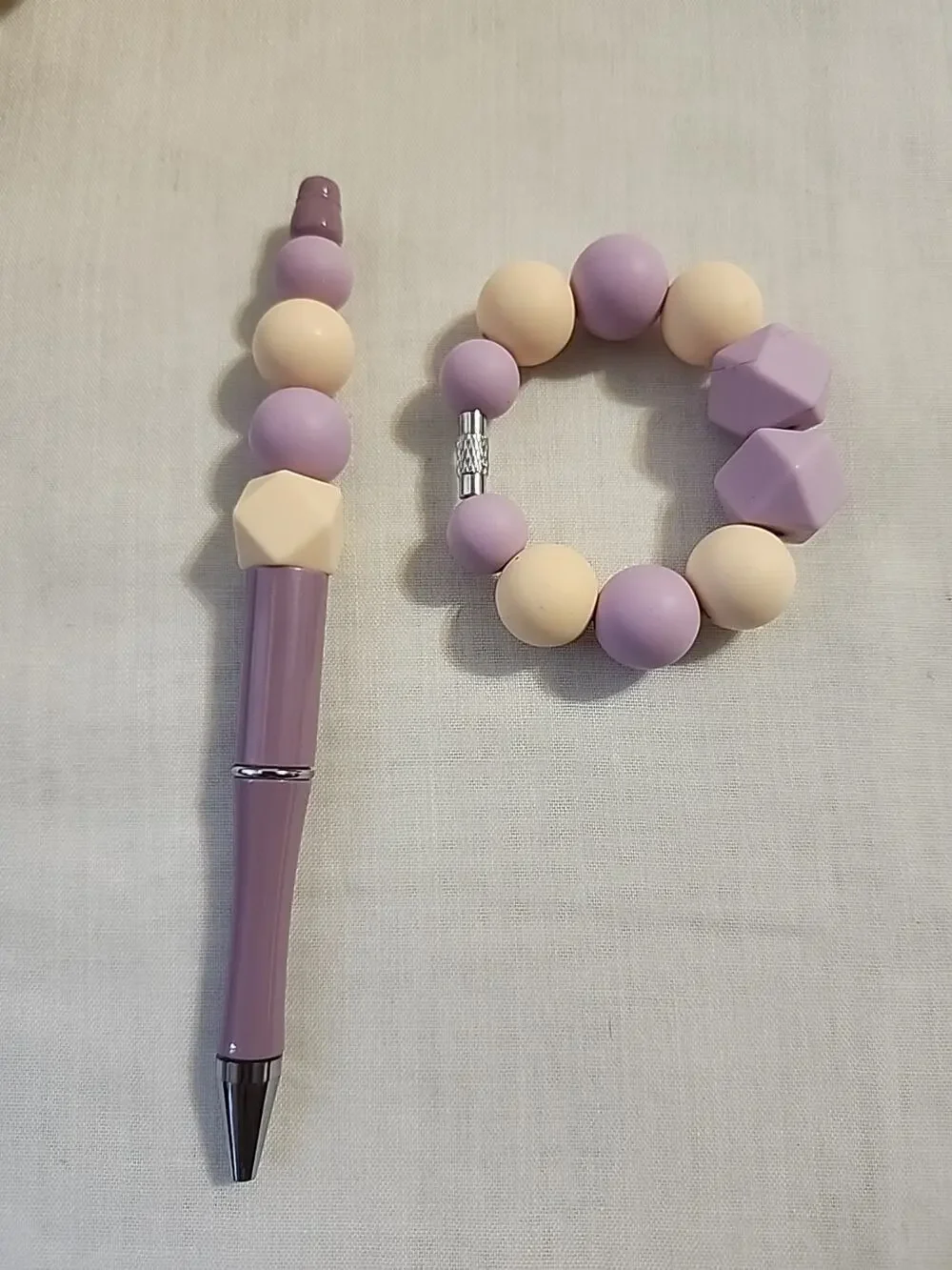 Bead Pen & Cup Charm Matching Combo Purple & Cream Silicone Beads
